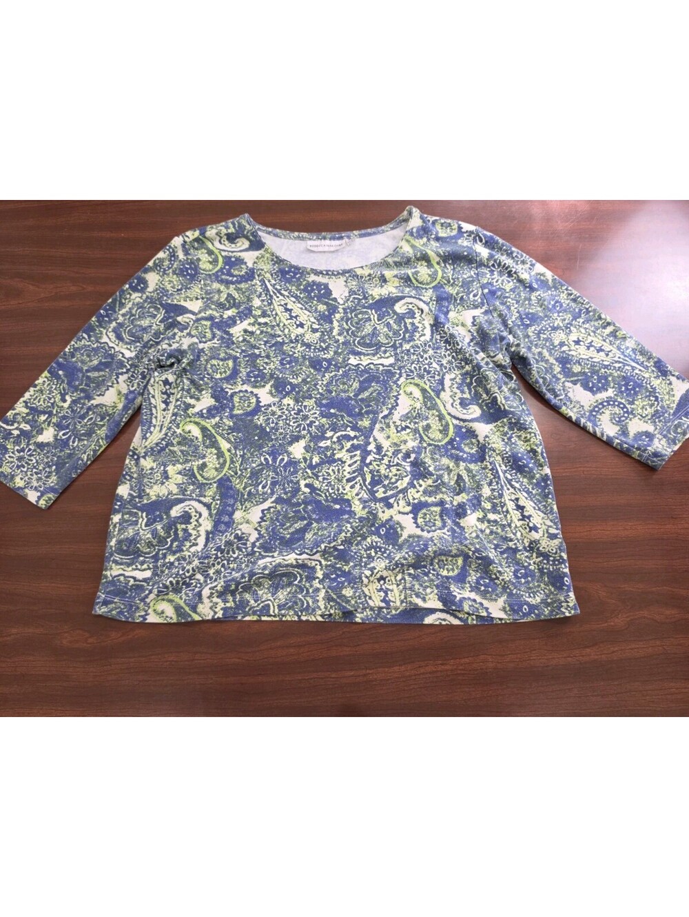 Rebecca Malone Top XL Blue Green Paisley 3/4 Sleeve Cotton Blend Tee Boho Chic